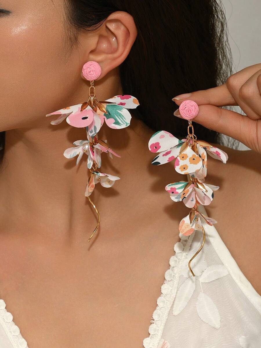 一对清新甜美可爱优雅的花卉拉菲草流苏耳环，时尚高贵的拉菲草花朵流苏耳环，适合女性日常、度假和派对佩戴。 - 粉色 - 查看 1