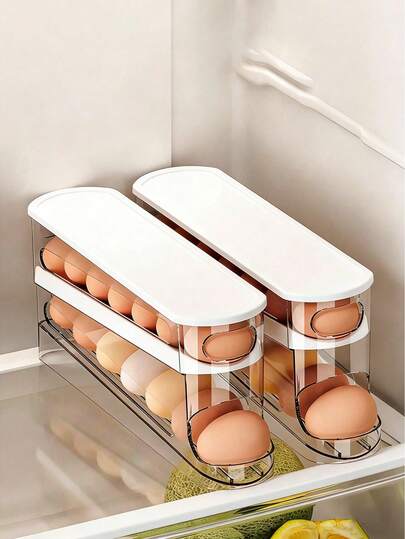 1 pieza Estante giratorio automático de doble capa para almacenamiento de huevos en el refrigerador, mantiene los huevos frescos, ahorra espacio, sostiene 12-14 huevos, diseño con bisagras, material de plástico, sin contacto con alimentos, organizador de refrigerador, bandeja para huevos de cocina, soporte para huevos, Día de la Madre, Día del Padre