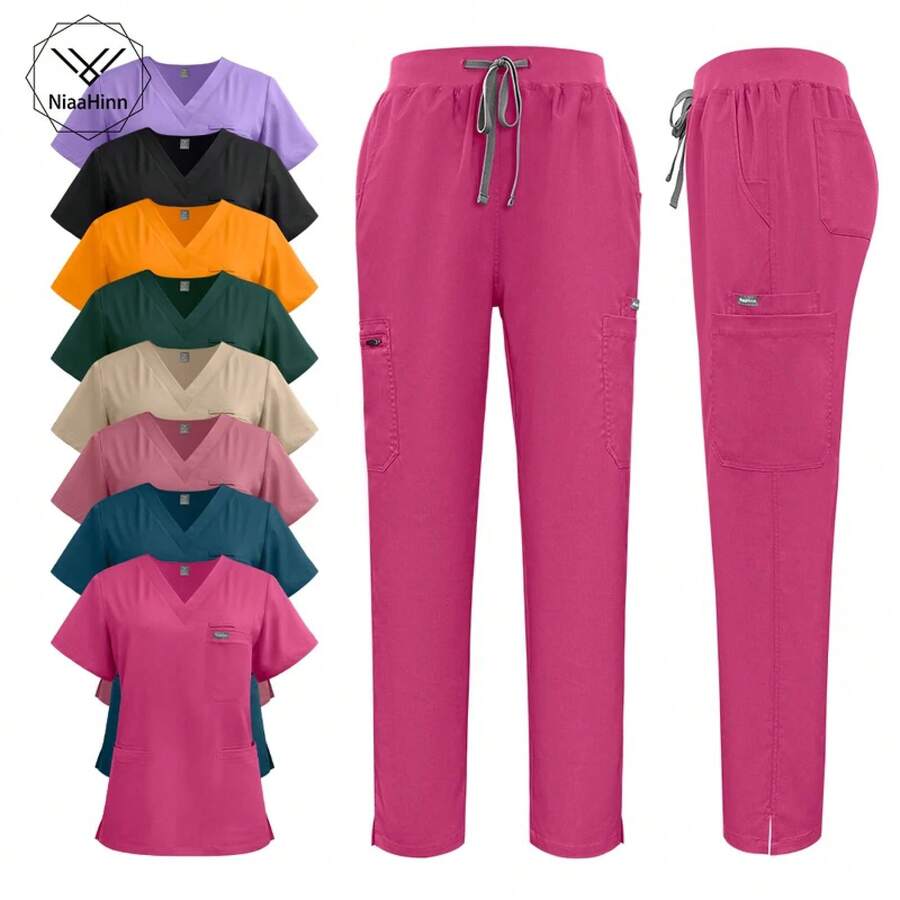 Niaahinn Scrubs Uniforms Sets Nursing High-Quality Medical Uniform Wholesale Nurse Hospital Workwear Short Sleeved Top Pants Set - 42192-淺玫瑰紅 - 查看 1
