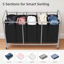 Sisi Home Textile 5 Section Laundry Sorter 5 Bins Rolling Separator Laundry Basket Dirty Clothes Hamper Divider With Heavy Duty Rolling Lockable Wheels Large Clothes Organizer Cart Black - Black - View 5