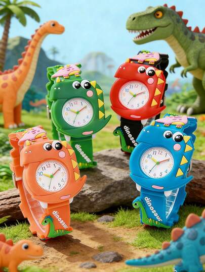 4pcs 3D Dinosaur Pattern Quartz Watches, Suitable For Children's Daily Use Or Holiday/Birthday Gifts