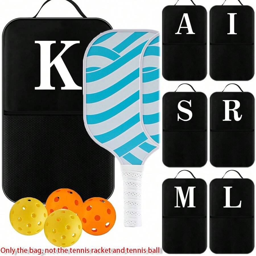 1 pieza Bolsa para paleta de bolas Bolsa para bolas de tenis con patrón de iniciales de la A a la Z Funda protectora negra para raqueta con cremallera Bolsa para raqueta de tenis Mochila para bolas para mujeres - Negro - Ver 1