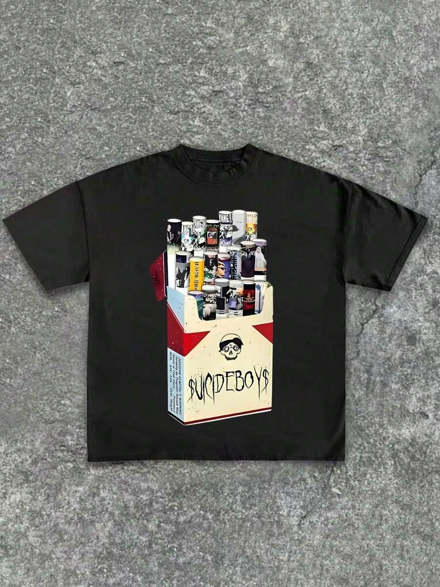Uicideboy Cigarette Pack Graphic T Shirt, Graphic Tees, Summer Round Neck Short Women's T Shirt,Pure 220 Grams Cotton Sleeved T-Shirt - 黑色 - 查看 1