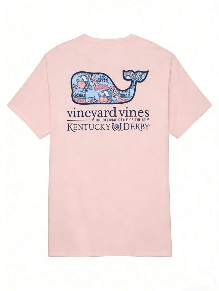 Vineyard Vines Men's Kentucky Derby Sticker Whale Fill Short-Sleeve Pocket Tee Pure Cotton T-Shirt-Vintage Casual Style For Summer And Autumn, Unisex Loose-Fit Crew Neck Short-Sleeve T-Shirt - Hồng - Xem 1