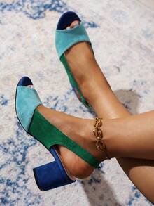 2026 Women's Fashion Comfortable Colorblock Suede Adjustable Buckle Chunky Heel Sandals, Retro Commuter & Beach Style - Blue - View 1
