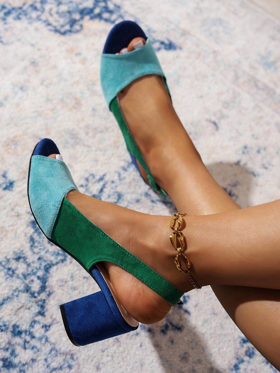 2026 Women's Fashion Comfortable Colorblock Suede Adjustable Buckle Chunky Heel Sandals, Retro Commuter & Beach Style - Blue - View 1