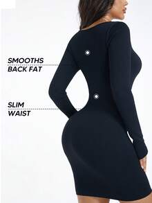 Women's Ribbed Long Sleeve Elegant Square Neck Tummy Control Stretch Basics Bodycon Mini Dress - Black - View 2