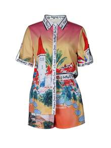 KALIKA 两件套性感夏季度假套装，热带风景印花短袖衬衫和高腰短裤，休闲沙滩度假装，Y2K风格女士套装，优雅时尚 - 黃色 - 查看 4