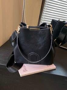 Neue Mode Nischen-Stil lässige vielseitige Bucket Bag, matte klassische hochwertige breite Riemen Damen Schultertasche, Umhängetasche geeignet für Arbeit, Dates, Einkaufen, täglichen Gebrauch - Schwarz - Übersicht 9