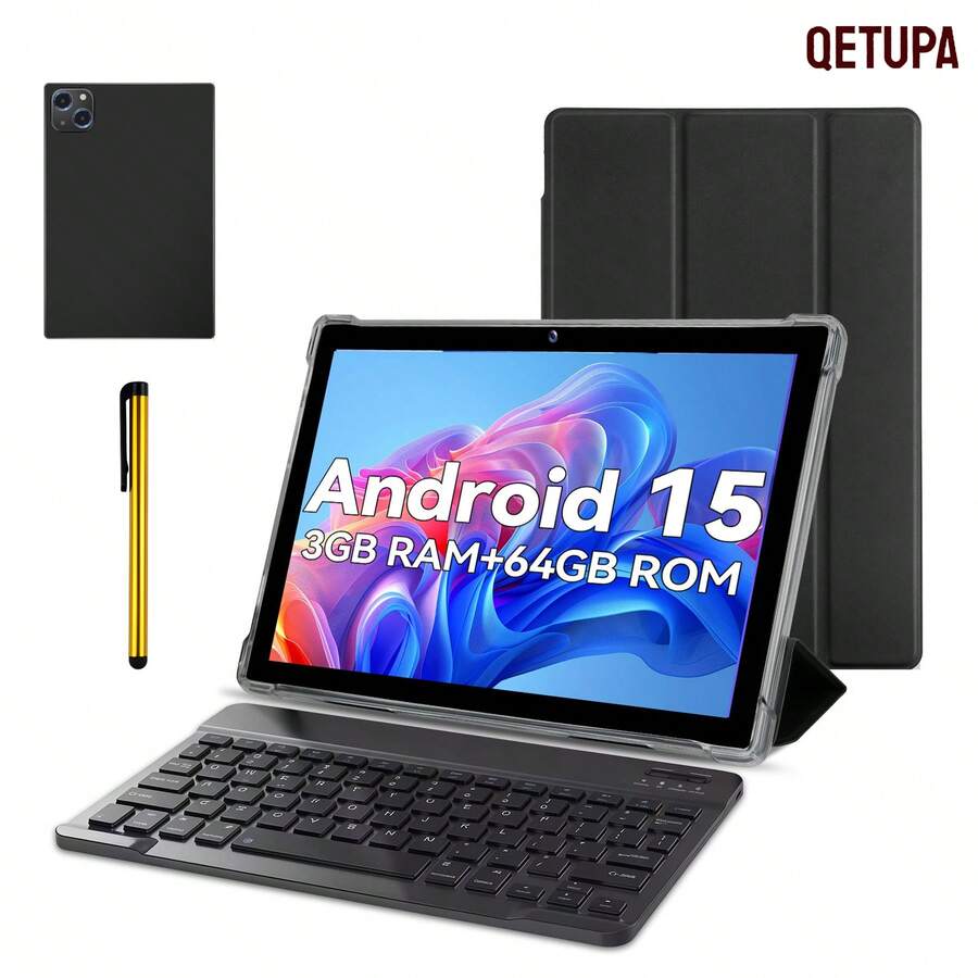 Qetupa 10.1-Inch M19 Android 14 Tablet PC, 3GB RAM + 64GB ROM, MTK 6755 Quad-Core 1.6GHz Processor, HD (1280x800) IPS Touchscreen, Bluetooth 5.2 & 802.11ac WiFi 5, GPS, 2MP Front Camera & 5MP Rear Camera, 6000mAh Large Battery, Best Gift For Christmas And Birthday, Does Not Support SIM Card - Black With Keyboard - View 1