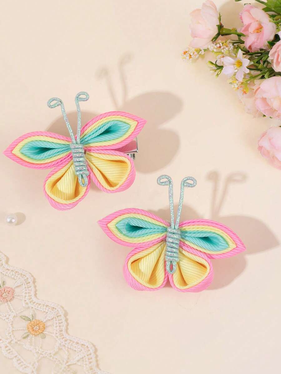 2pcs Pastel Butterfly Hair Bows For Women Delicate Butterfly Shaped Alligator Clips Vacation/Spring Hair Clips Cute Sweet Daily Barrettes Elegant Tiny Hairpins Women Hair Accessories,Summer,Holiday,Travel - Multicolor - View 1