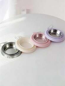 Tazones plegables para mascotas en colores de macarrón, adecuados para viajes al aire libre con gatos y perros. Estos tazones colgantes de silicona para beber y alimentar vienen en cinco colores: rosa, azul, morado, amarillo y verde - Multicolor - Ver 2