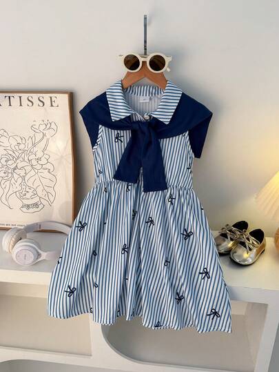 2pcs/Set Young Girl's Sweet Cute Striped Bow Print Sleeveless Collar Dress With Fashionable Shawl Decor, Suitable For Daily, Outdoor, Commute, Vacation, Party, Street Wear
