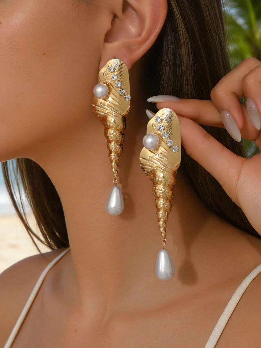 1 Đôi bông tai nữ hình vỏ sò vàng lấp lánh, đính đá và ngọc trai giả, phong cách nàng tiên cá, hoàn hảo cho kỳ nghỉ hè, tiệc tùng trên bãi biển và trang phục mùa hè boho, đi làm hàng ngày, quà tặng hẹn hò. - Vàng - Xem 1