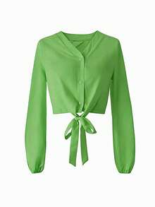 Blusa elegante y versátil con nudo delantero de unicolor, adecuada para uso casual, en casa, al aire libre, para ir al trabajo y para citas, color blanco, primavera - Verde - Ver 5