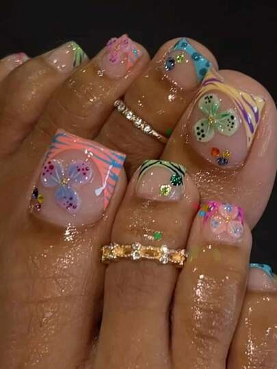 24pcs French Tip Press On Toenails Short Square Press On Toenails Colorful 3D Flower Decoration Rhinestone Design Fashion Y2K Style Surface Glossy Full Cover Fake Nails For Women And Girls Daily Wear