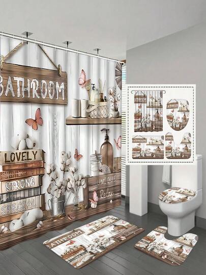 1/4 Pcs Farmhouse Bathroom Decor Set, Inspirational Quotes, Rustic Wood Grain, Floral And Butterfly Patterns, Waterproof Polyester Shower Curtain With Hooks, Non-Slip Bath Mat, Toilet Lid Cover, Outdoor Bathing Accessories