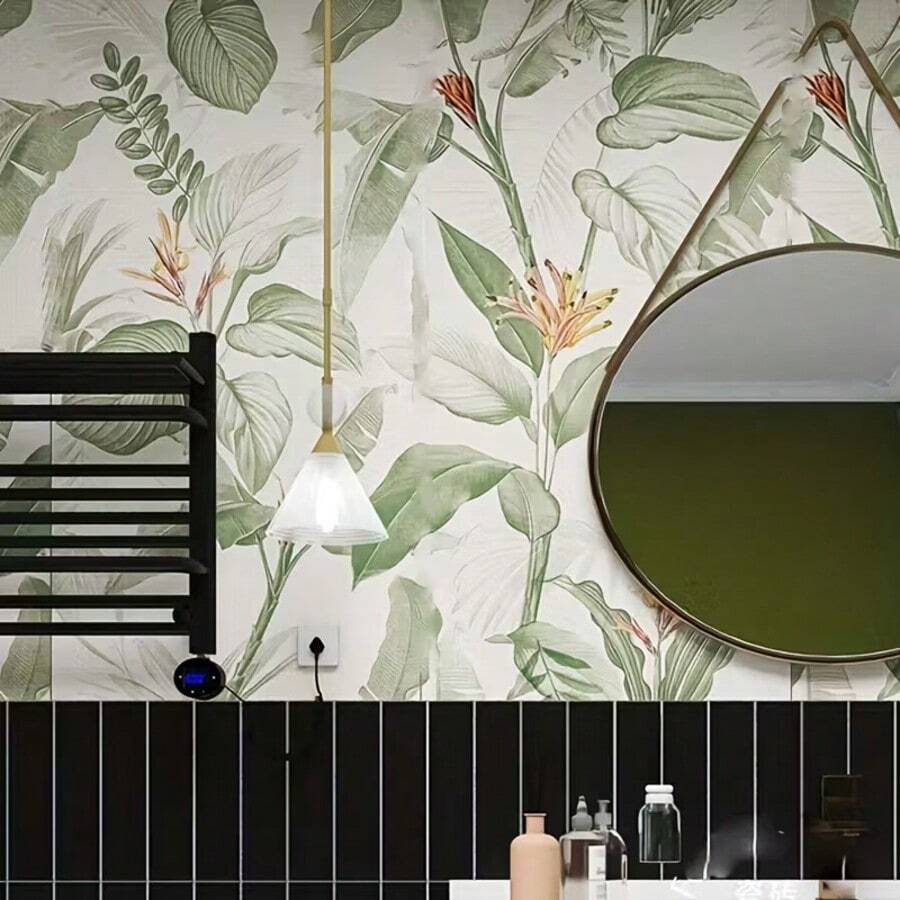 Green Floral Self-Adhesive Wallpaper:, Bathroom Or Living Room Decor, Waterproof, Easy To Install, Perfect For Fall Decorating - 1PC - View 1