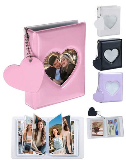 Album ảnh K-Pop 3 inch, Album ảnh mini hình trái tim rỗng, Album ảnh thẻ di động kèm mặt dây chuyền hình trái tim, 32 ngăn, Thích hợp cho du lịch, lưu trữ thẻ và ảnh hàng ngày.