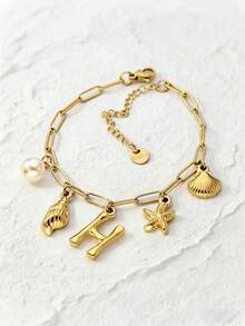 1 件 18K 镀金吊坠手链，不锈钢链式手链，贝壳字母项链，金吊坠，波西米亚海滩风格，18K 海星冲浪者珠宝礼物，Ins 风格，金手链，圣诞节，万圣节，优雅礼物 - 海洋字母手鍊 - 查看 19