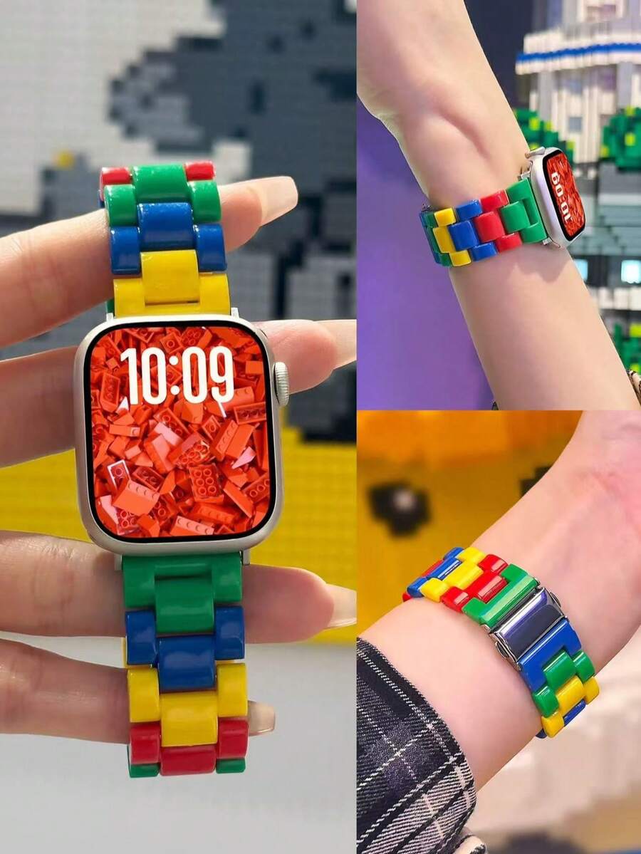 1 chiếc dây đeo đồng hồ unisex hình khối Dopamine, dây đeo cổ tay bằng nhựa hình hoạt hình dễ thương, phụ kiện vòng đeo tay thông minh, tương thích với Apple Watch 40/41/42/44/45/46/49/38mm, tương thích với Apple Watch Series 11/10/9/SE/8/7/6/5/4/3/2/1 Ultra3/2/1, mùa hè, thoáng khí, nhẹ dành cho nữ. - màu sắc - Xem 1