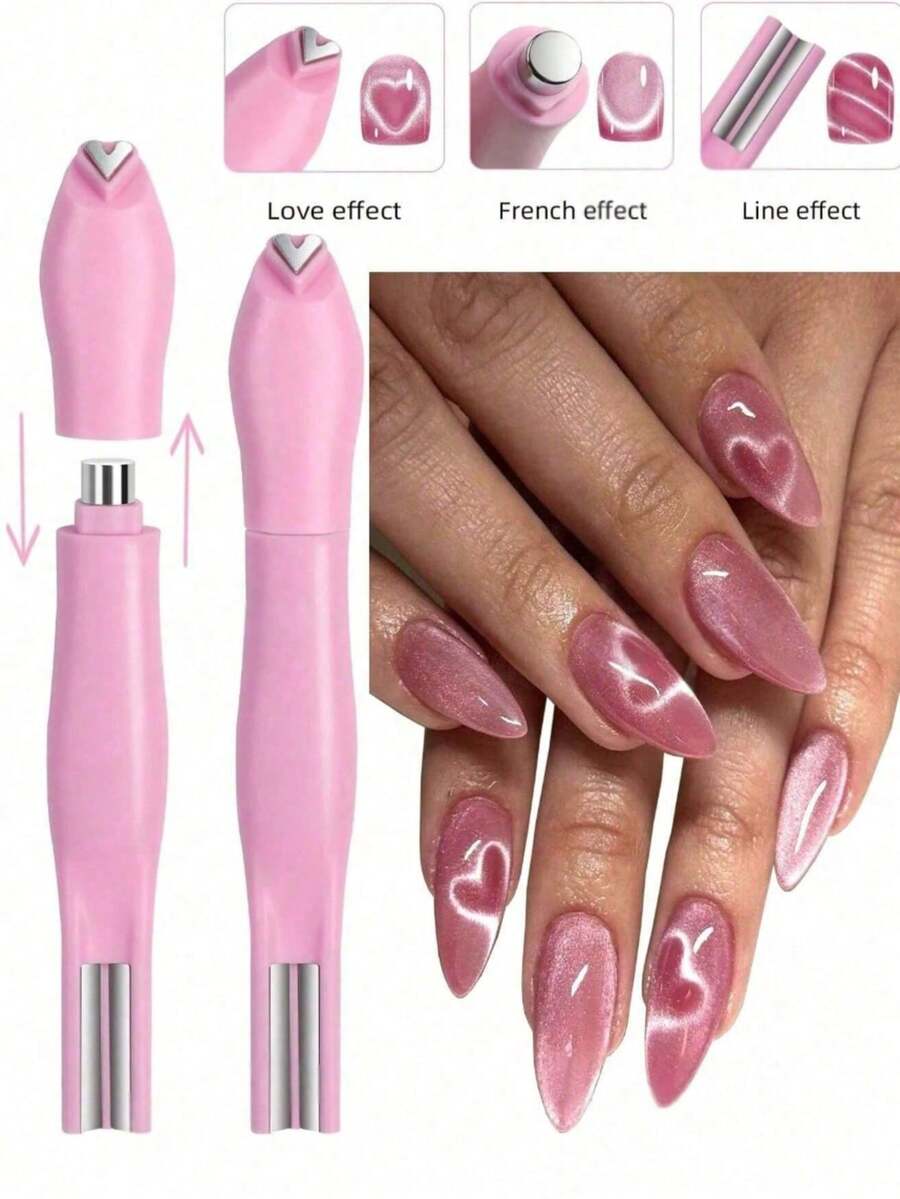 Pink 3D Heart Magnet, 6-In-1 Cat Eye Magnet With Dual Line And Moon Snake Pattern, Flower And French Nail Art Design, Multi-Effect UV Gel Nail Magnetic Tool Suitable For Home Salon DIY, Perfect For Nail Art Beginners, Nail Artists And DIY Enthusiasts, Great Gift For Valentine's Day And Mother's Day - Pink - View 1