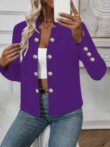 Chaqueta delgada con manga larga y abotonada de unicolor para mujer para primavera y otoño - Morado - Ver 5