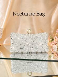 1 件优雅仿珍珠盒形晚宴包，浪漫婚礼手拿包，饰以奢华水钻，正式派对手提包，新娘单肩包 - 銀色 - 查看 1
