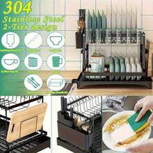 2-Tier Dish Drying Rack For Kitchen Countertops. Includes A Drip Tray And Mat, Cutlery And Cup Holders. A Great Gift For Ladies, Perfect For Mother's Day Kitchen Organization And Storage. Dishes/Knives/Cups/Cutting Boards, Black. - Xem 4