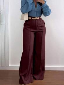 Jisfaneya Zipper Pocket Wide Leg Pants, No Belt, Solid Color, Suit Fabric, Elegant Commute, Versatile Office, School, Daily Wear, Spring/Summer - Màu Đỏ Sâu - Xem 4