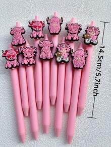 5/10支装粉色高地奶牛图案中性圆珠笔，可伸缩卡通高地奶牛主题圆珠笔，适合派对、节日礼物、学校和办公用品 - 套裝 - 查看 3