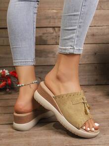 2026 New Fashion Tassel Thick Sole Slip-On Slippers, Comfortable Home Wear Sandals For Summer - Beige - View 3