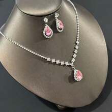 Bộ trang sức cưới đính đá Cubic Zirconia lấp lánh, gồm bông tai và dây chuyền, bộ trang sức đính đá. - Hồng - Xem 3