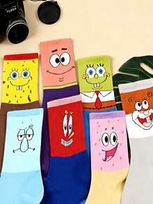 SpongeBob SquarePants 5双卡通图案袜子，包括趣味表情、章鱼、海星和条纹图案，舒适透气，休闲家居服风格 - 彩色 - 查看 2