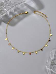 1 pieza Collar de acero inoxidable de moda con colgante rectangular, colgante de circonita cúbica de colores y brillantes, accesorio versátil y exquisito para mujer, elegante y sexy collar de clavícula - Dorado - Ver 2