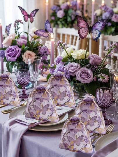 30pcs Purple Butterfly Mirror Gift Set, Butterfly Pocket Mirror Thank You Card, Organza Butterfly Bag, Suitable For Wedding, Birthday Party Decor, Bridal Shower, Festival Events, Theme Party, Bachelorette Party Favors, Bridesmaid Gifts, Bridal Party Gifts
