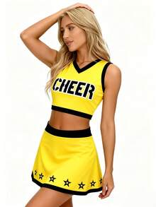 Bộ trang phục biểu diễn cổ vũ mới, áo croptop cổ chữ V in chữ và chân váy ngắn in hình ngôi sao. - Màu vàng - Xem 5