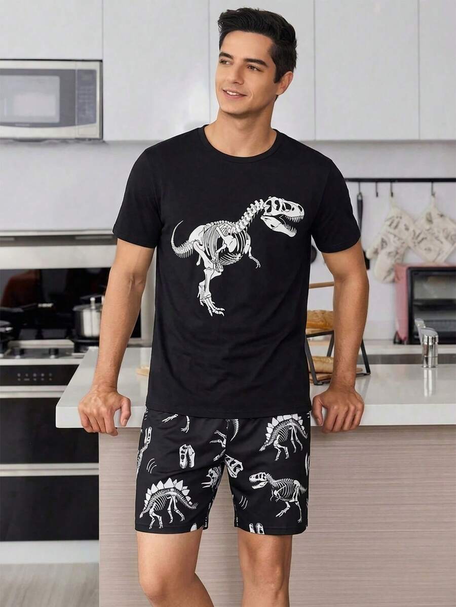 Men's Dinosaur Skeleton Print Pajama Set, Short Sleeve Top And Long Pants - Black - View 1