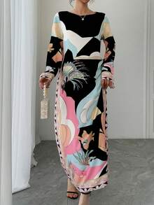 一件印花撞色长袖连衣裙，优雅阿拉伯风格女士礼服，奢华派对/节日礼服，春季黑色 - 黑色 - 查看 10