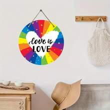 Rainbow Wreath Sign Surrounded By Hearts - Art Deco Style Pride Month Hanging Decoration, Wooden Front Door Decorative Sign, 8x8inch Wall Decoration, Suitable For General Occasions, No Electricity Required, No Feathers - A - 查看 8