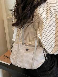 格纹帆布轻便多功能（手提/斜挎）拉链封口休闲波士顿包，适合日常使用和旅行 - 彩色 - 查看 4