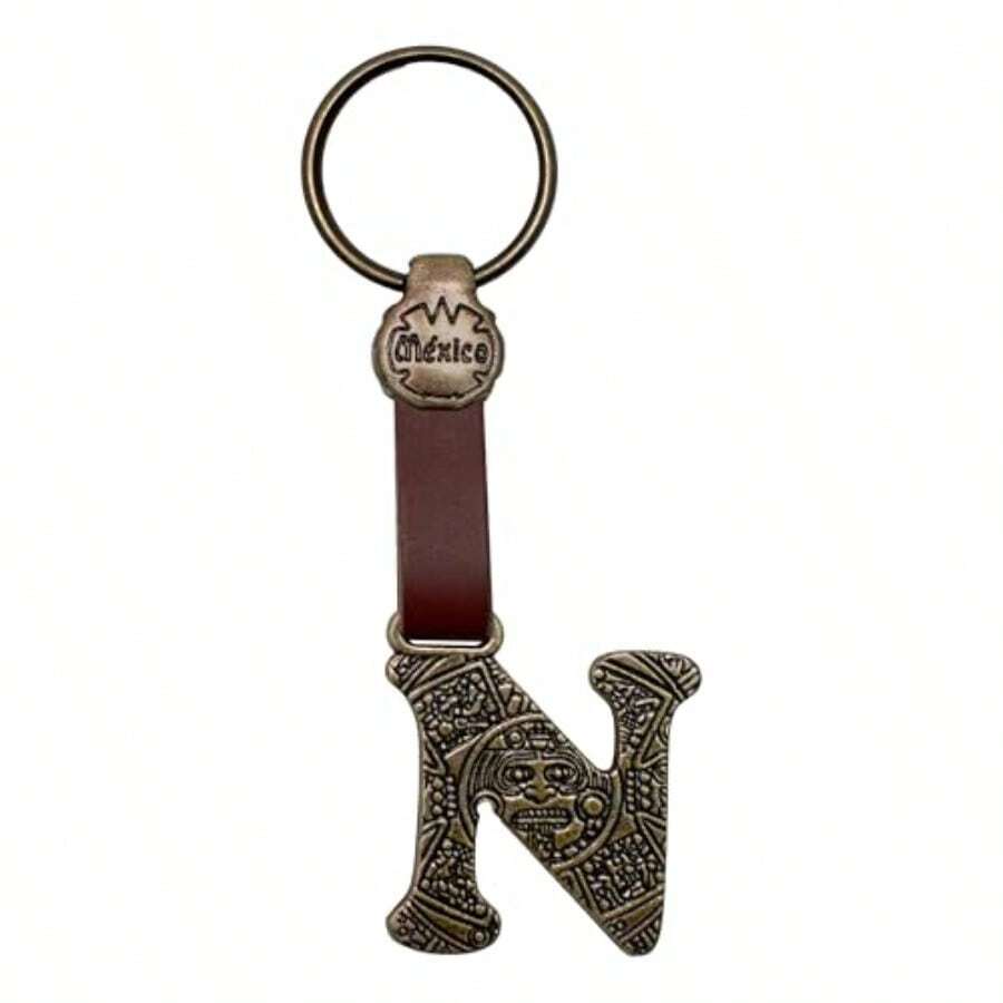 Metal Keychain With Engraved Initial And Calendar - Handmade Gift Of Mexican Heritage - Letter N - View 1