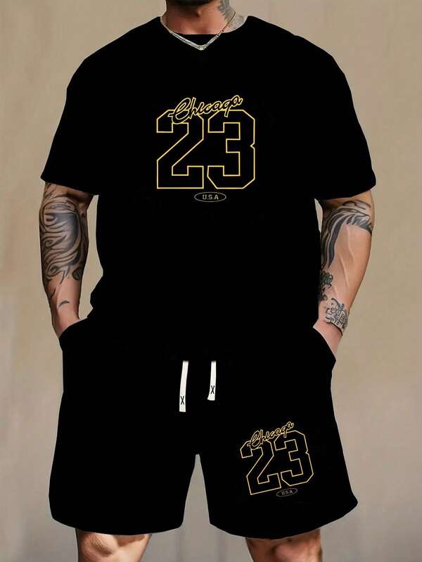 2pcs Men's Regular Fit Short Sleeve T-Shirt And Shorts Set, Personalized Print Pattern Fashion Casual Outgoing Outfit, Pocket Design Elastic Waist Drawstring Pants, Suitable For Basketball, Fishing, Outdoor Sports, Great Gift For Husband Or Boyfriend