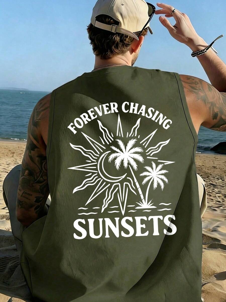 Fractyr Men's Casual Sports Outdoor Vest | Minimalist Palm Tree, Sun And Letter Print | Exquisite Design | Essential For Summer | Multifunctional And Easy To Wear | Perfect Gift For Friends | Showcase Unique Personalized - Army Green - View 1