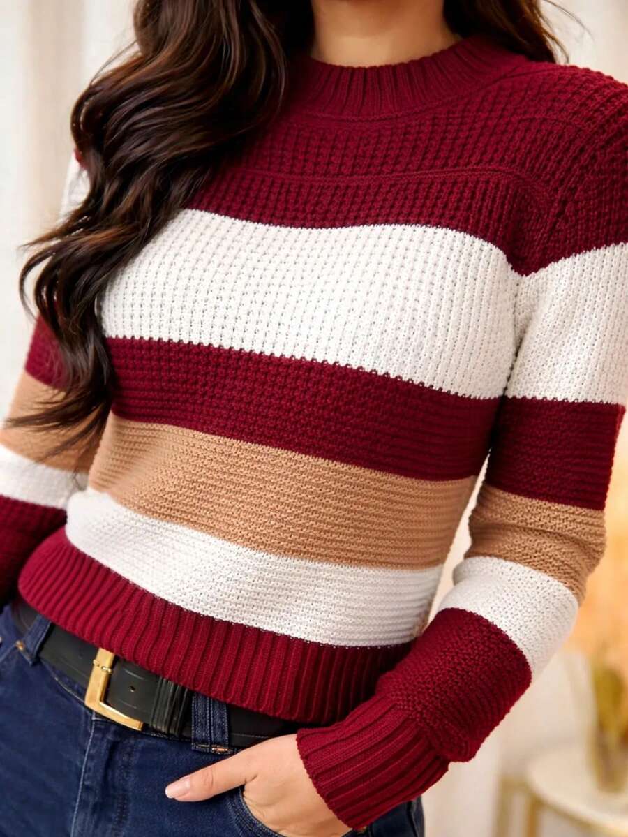 Women's Basic Striped Knit Sweater, Long Sleeve, Comfortable, Soft, Casual, Elegant, Woolen Winter Sweater - 邊緣 - 查看 1
