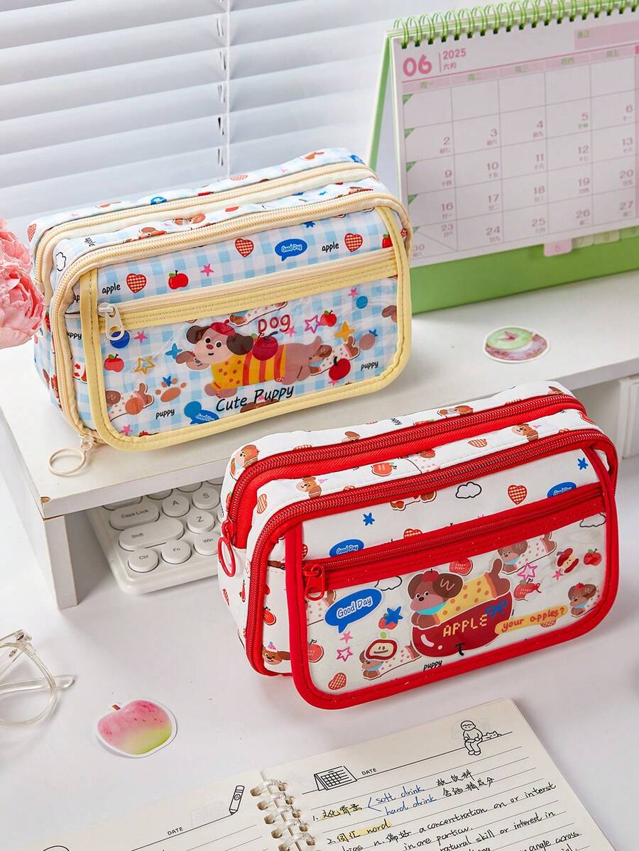 1个可爱卡通苹果小狗帆布铅笔盒，简约大容量学生文具包，甜美少女风铅笔袋，办公用品收纳包，高品质大容量笔盒，桌面配件，适合作为情人节礼物、学生用品、校园娱乐用品、学校奖品、教师课堂用品、返校必备品 - 蘋果小狗 - 查看 1