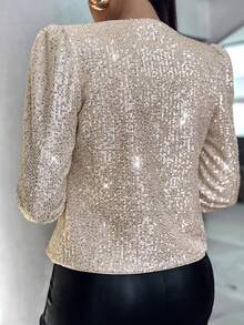 ChicMe Women Sparkly Sequin Blazer Coat Open Front Petal Sleeve Cropped Party Jacket - Champagne - View 3