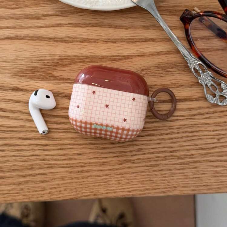 棕色格子拼接星形+圆形耳机保护套，兼容苹果Pro 3/Pro 2/4/3/2，时尚简约女士耳机保护套，苹果耳机保护套/保护壳，男士适用 - 杏色 - 查看 1