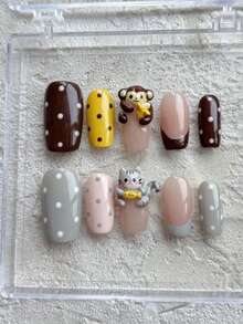 10 PIEZAS Uñas postizas cuadradas medianas con forma francesa de estilo Kawaii 3D de monos y gatos, uñas postizas adorables de animales, uñas de gel hechas a mano personalizadas, uñas postizas reutilizables con herramientas de uso - Multicolor - Ver 2