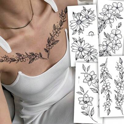 4张大尺寸人体彩绘临时纹身贴纸，时尚牡丹花、月亮、蝴蝶图案，防水，可维持2-5天，可用于手臂、颈部、肩部、胸部、腰部、腿部和背部。易于粘贴和去除，适合婚礼、节日、派对、送礼、度假和音乐节等场合。
